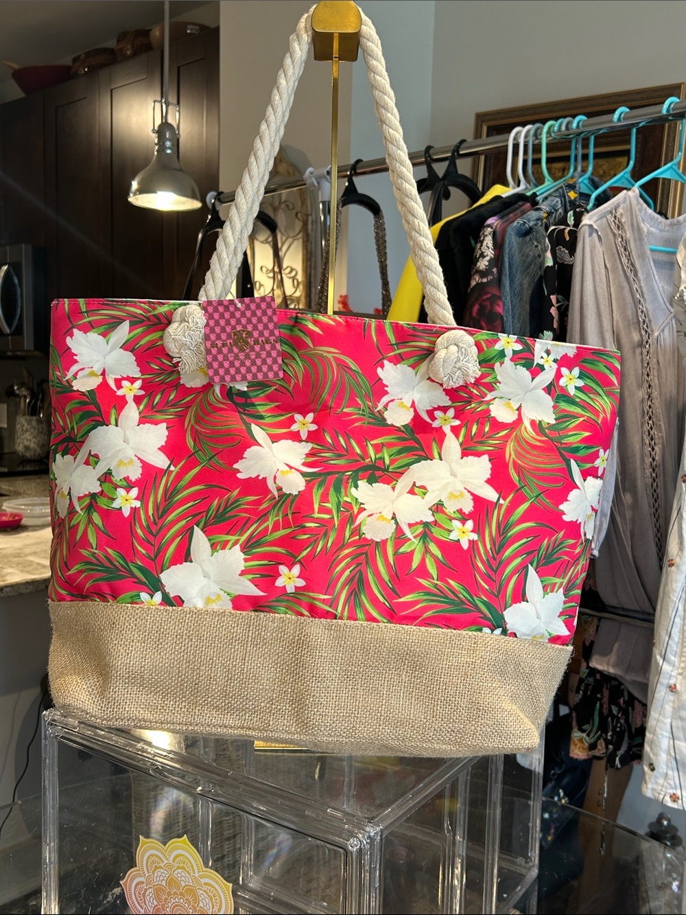 Alfa Bags Floral Tropical Rope-Handle Tote Bag in Hot Pink 20x 6.25”x 13.75” NWT